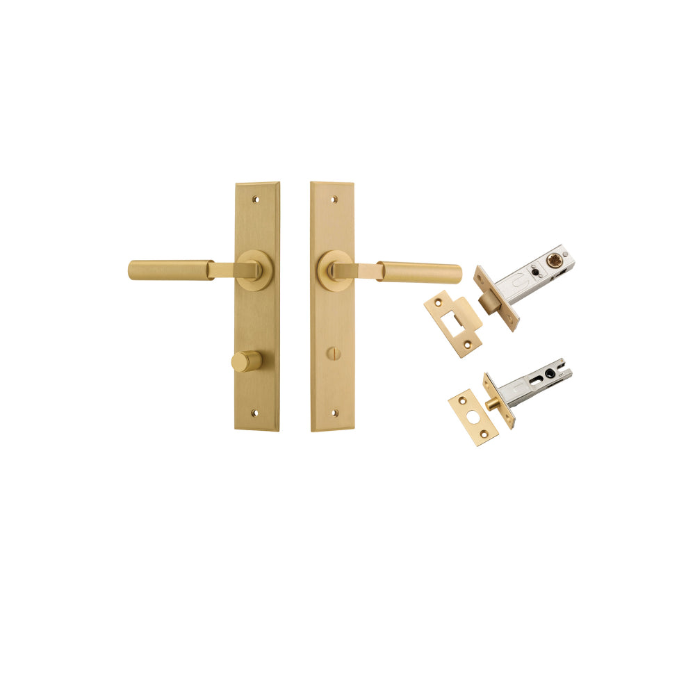 Door Lever Berlin Chamfered Privacy Brushed Brass CTC85mm L120xP59mm BPH240xW50mm Privacy Kit, Tube Latch Split Cam 'T' Striker Brushed Brass Backset 60mm, Privacy Bolt Round Bolt Brushed Brass Backset 60mm in Brushed Brass