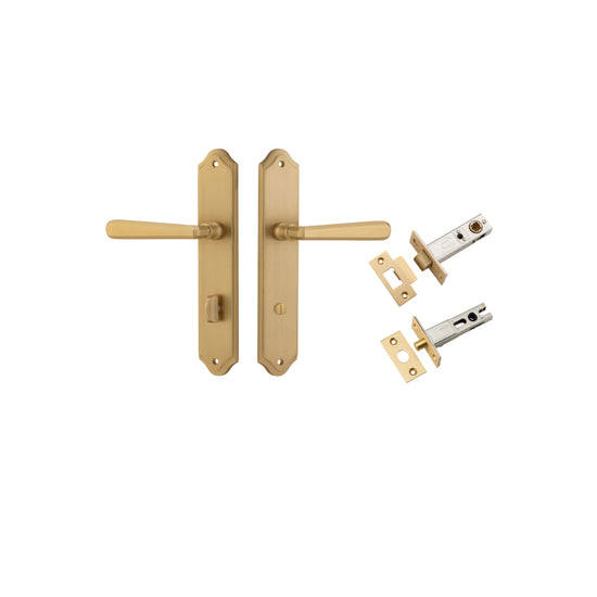 Door Lever Copenhagen Shouldered Privacy Pair Brushed Brass CTC85mm H250xW48xP61mm Inbuilt Privacy Kit, Tube Latch Split Cam 'T' Striker Brushed Brass Backset 60mm, Privacy Bolt Round Bolt Brushed Brass Backset 60mm in Brushed Brass