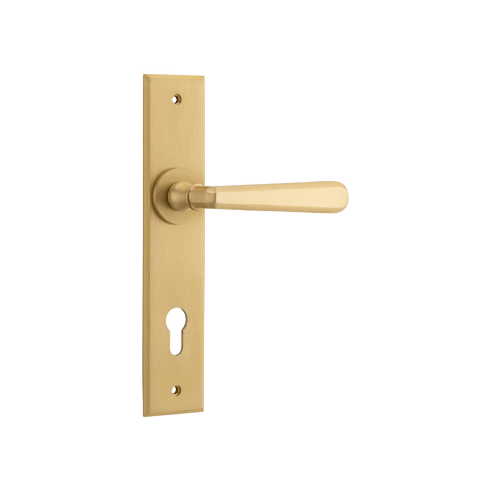 Door Lever Copenhagen Chamfered Euro Pair Brushed Brass CTC85mm H240xW50xP61mm in Brushed Brass