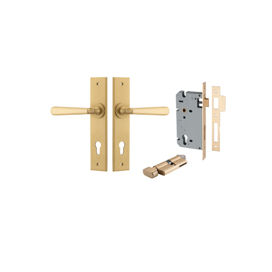 Door Lever Copenhagen Chamfered Euro Pair Brushed Brass CTC85mm L120xP59mm BPH240xW50mm, Mortice Lock Euro Brushed Brass CTC85mm Backset 60mm, Euro Cylinder Key Thumb 5 Pin Brushed Brass 65mm KA4 in Brushed Brass