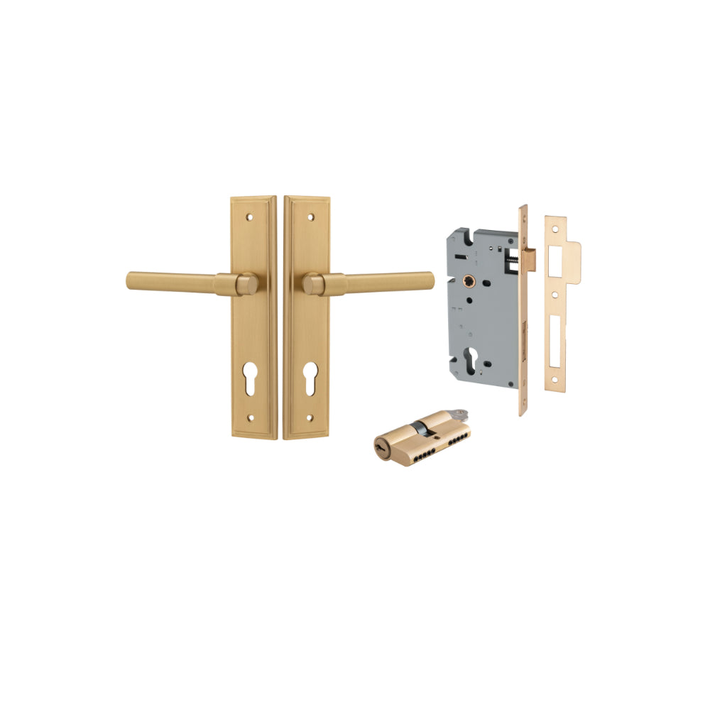 Door Lever Helsinki Stepped Euro Pair Brushed Brass CTC85mm H237xW50xP44mm Entrance Kit, Mortice Lock Euro Brushed Brass CTC85mm Backset 60mm, Euro Cylinder Dual Function 5 Pin Brushed Brass L65mm KA1 in Brushed Brass