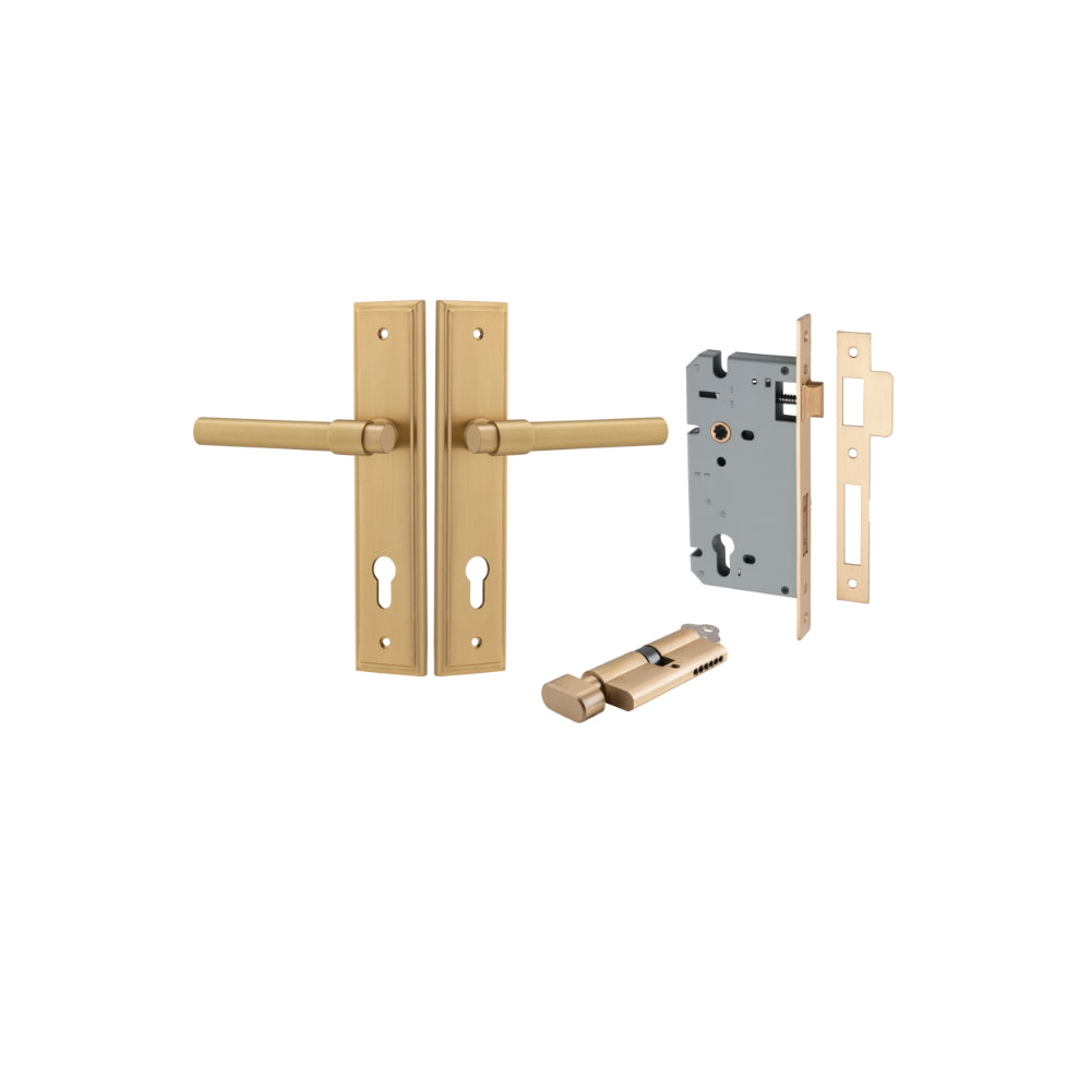 Door Lever Helsinki Stepped Euro Pair Brushed Brass CTC85mm H237xW50xP44mm Entrance Kit, Mortice Lock Euro Brushed Brass CTC85mm Backset 60mm, Euro Cylinder Key Thumb 6 Pin Brushed Brass L70mm  

 KA1 in Brushed Brass