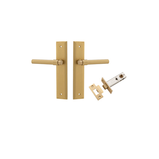 Door Lever Helsinki Stepped Latch Pair Brushed Brass H237xW50xP44mm Passage Kit, Tube Latch Split Cam 'T' Striker Brushed Brass Backset 60mm in Brushed Brass