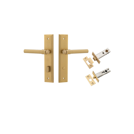 Door Lever Helsinki Stepped Privacy Pair Brushed Brass CTC85mm H237xW50xP44mm Inbuilt Privacy Kit, Tube Latch Split Cam 'T' Striker Brushed Brass Backset 60mm, Privacy Bolt Round Bolt Brushed Brass Backset 60mm in Brushed Brass