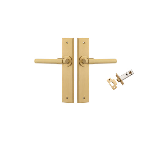 Door Lever Helsinki Chamfered Brushed Brass L137xP60mm BPH240xW50mm Passage Kit, Tube Latch Split Cam 'T' Striker Brushed Brass Backset 60mm in Brushed Brass