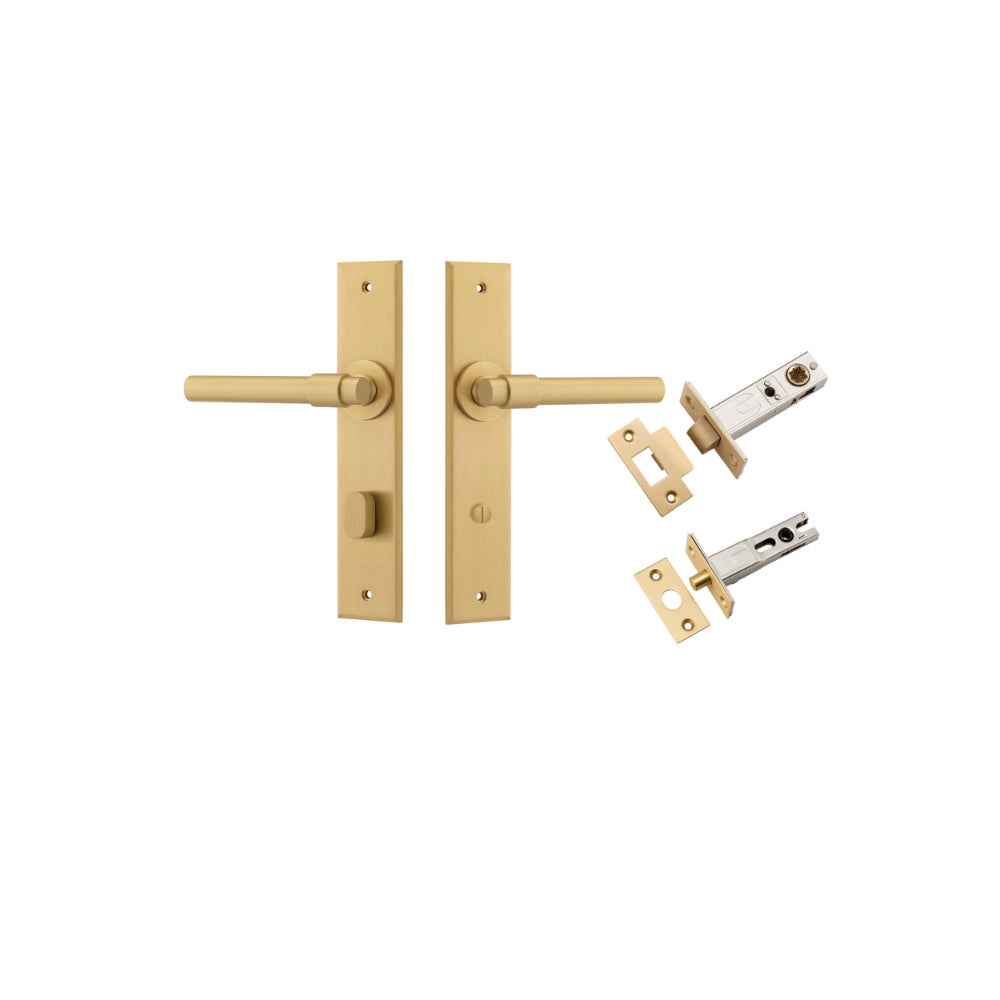 Door Lever Helsinki Chamfered Privacy Brushed Brass CTC85mm L137xP60mm BPH240xW50mm Privacy Kit, Tube Latch Split Cam 'T' Striker Brushed Brass Backset 60mm, Privacy Bolt Round Bolt Brushed Brass Backset 60mm in Brushed Brass