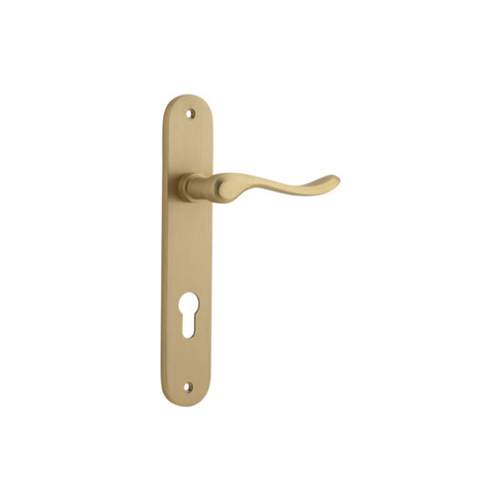 Door Lever Stirling Oval Euro Pair Brushed Brass CTC85mm H240xW40xP64mm in Brushed Brass