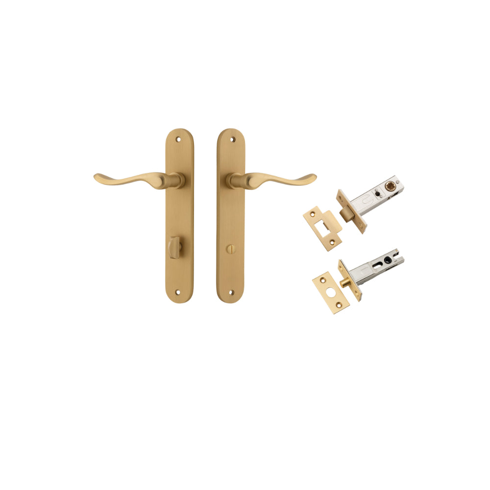 Door Lever Stirling Oval Privacy Pair Brushed Brass CTC85mm H240xW40xP64mm Privacy Kit, Tube Latch Split Cam 'T' Striker Brushed Brass Backset 60mm, Privacy Bolt Round Bolt Brushed Brass Backset 60mm in Brushed Brass