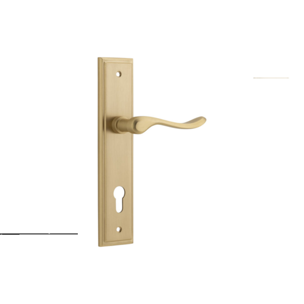 Door Lever Stirling Stepped Euro Pair Brushed Brass CTC85mm H237xW50xP64mm in Brushed Brass