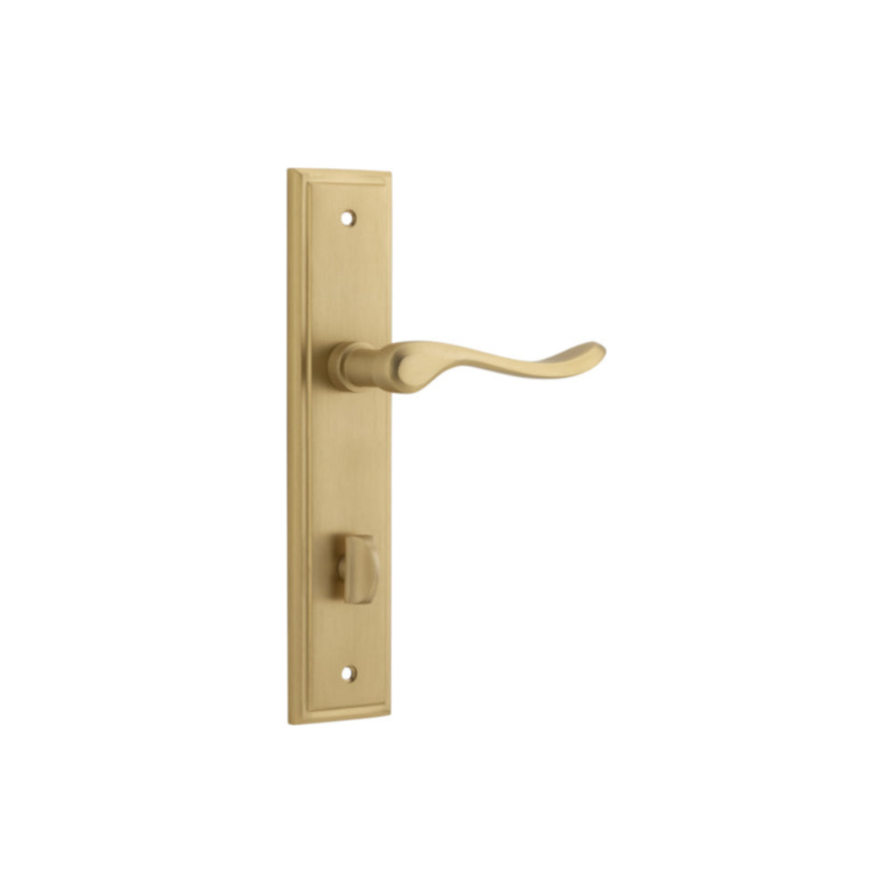 Door Lever Stirling Stepped Privacy Pair Brushed Brass CTC85mm H237xW50xP64mm in Brushed Brass