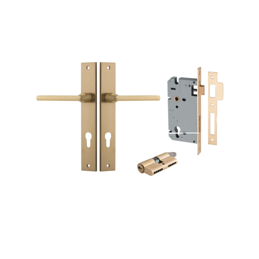 Door Lever Baltimore Rectangular Euro Brushed Brass CTC85mm H240xW38xP55mm Entrance Kit, Mortice Lock Euro Brushed Brass CTC85mm Backset 60mm, Euro Cylinder Dual Function 5 Pin Brushed Brass L65mm KA1 in Brushed Brass