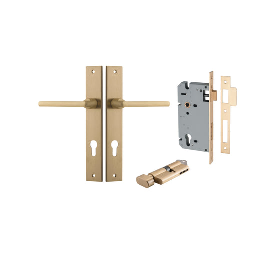 Door Lever Baltimore Rectangular Euro Brushed Brass CTC85mm H240xW38xP55mm Entrance Kit, Mortice Lock Euro Brushed Brass CTC85mm Backset 60mm, Euro Cylinder Key Thumb 6 Pin Brushed Brass L70mm   KA1 in Brushed Brass