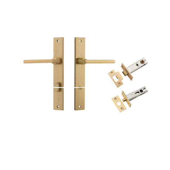 Door Lever Baltimore Rectangular Privacy Brushed Brass CTC85mm H240xW38xP55mm Inbuilt Privacy Kit, Tube Latch Split Cam 'T' Striker Brushed Brass Backset 60mm, Privacy Bolt Round Bolt Brushed Brass Backset 60mm in Brushed Brass