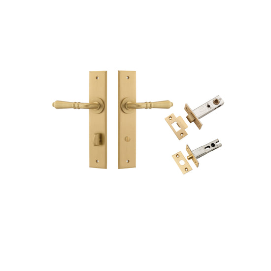 Door Lever Sarlat Chamfered Privacy Brushed Brass CTC85mm L111xP55mm BPH240xW50mm Privacy Kit, Tube Latch Split Cam 'T' Striker Brushed Brass Backset 60mm, Privacy Bolt Round Bolt Brushed Brass Backset 60mm in Brushed Brass