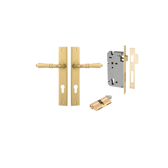 Door Lever Sarlat Rectangular Euro Brushed Gold PVD CTC85mm H240xW38xP55mm Entrance Kit, Mortice Lock Euro Brushed Gold PVD CTC85mm Backset 60mm, Euro Cylinder Dual Function 5 Pin Brushed Gold PVD L65mm KA1 in Brushed Gold PVD