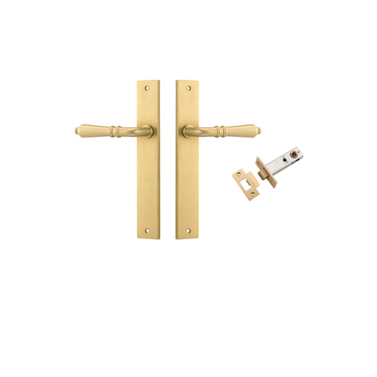 Door Lever Sarlat Rectangular Latch Pair Brushed Gold PVD L111xP53mm BPH240xW38mm Passage Kit, Tube Latch Split Cam 'T' Striker Brushed Gold PVD Backset 60mm in Brushed Gold PVD