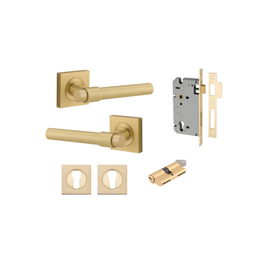 Door Lever Helsinki Square Rose Brushed Gold PVD H52xW52xP61mm Entrance Kit, Mortice Lock Euro Brushed Gold PVD CTC85mm Backset 60, Euro Cylinder Dual Function 5 Pin Satin Brass L65 KA1, Escutcheon Euro Con Fix Sq Pair Brushed Gold PVD H52xW52xP10mm in Br