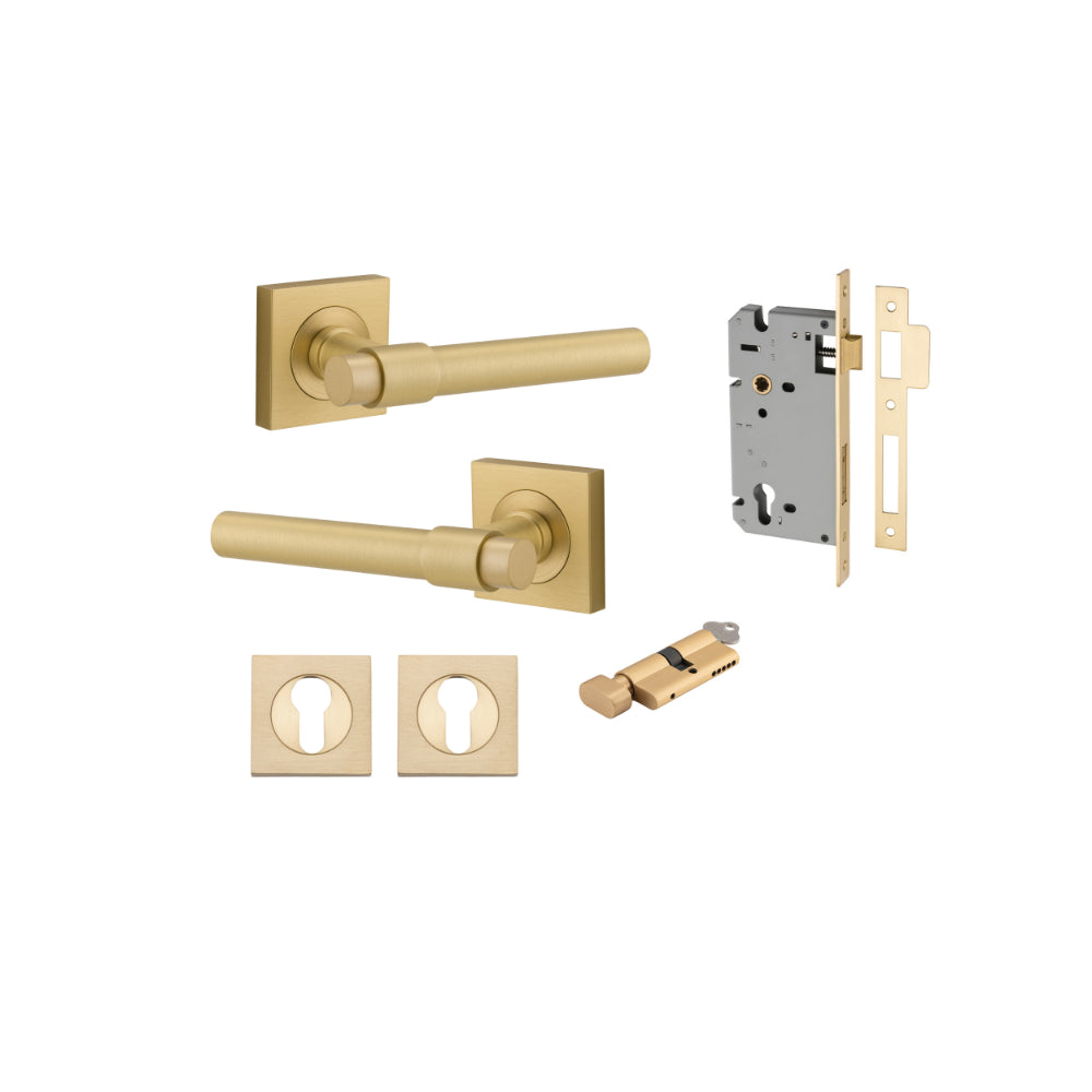 Door Lever Helsinki Square Rose Brushed Gold PVD H52xW52xP44mm Entrance Kit, Mortice Lock Euro Brushed Gold PVD CTC85mm Backset 60, Euro Cylinder Key Thumb 6 Pin Satin Brass L70 KA1, Escutcheon Euro Con Fix Sq Pair Brushed Gold PVD H52xW52xP10mm in Brushe