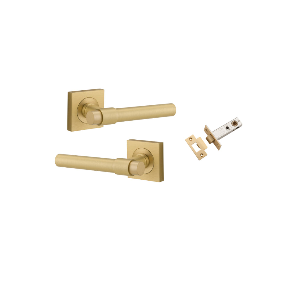 Door Lever Helsinki Rose Square Pair Brushed Gold PVD L137xP61mm BPH52xW52mm Passage Kit, Tube Latch Split Cam 'T' Striker Brushed Gold PVD Backset 60mm in Brushed Gold PVD