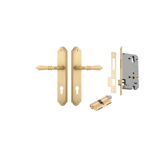 Door Lever Sarlat Shouldered Euro Brushed Gold PVD CTC85mm H250xW48xP57mm Entrance Kit, Mortice Lock Euro Brushed Gold PVD CTC85mm Backset 60mm, Euro Cylinder Dual Function 5 Pin Satin Brass L65mm KA2 in Brushed Gold PVD