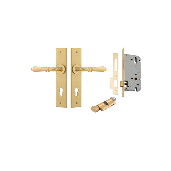 Door Lever Sarlat Chamfered Euro Brushed Gold PVD CTC85mm H240xW50xP55mm Entrance Kit, Mortice Lock Euro Brushed Gold PVD CTC85mm Backset 60mm, Euro Cylinder Key Thumb 6 Pin Satin Brass L70mm KA2 in Brushed Gold PVD