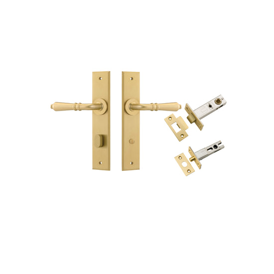 Door Lever Sarlat Chamfered Privacy Brushed Gold PVD CTC85mm H240xW50xP55mm Privacy Kit, Tube Latch Split Cam 'T' Striker Brushed Gold PVD Backset 60mm, Privacy Bolt Round Bolt Brushed Gold PVD Backset 60mm in Brushed Gold PVD