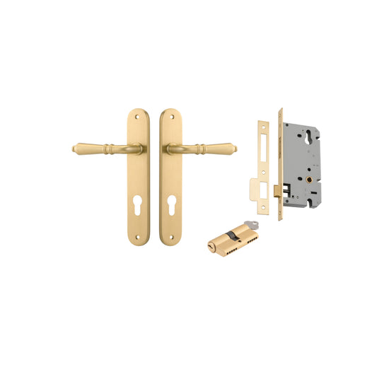 Door Lever Sarlat Oval Euro Brushed Gold PVD CTC85mm H240xW40xP55mm Entrance Kit, Mortice Lock Euro Brushed Gold PVD CTC85mm Backset 60mm, Euro Cylinder Dual Function 5 Pin Satin Brass L65mm KA2 in Brushed Gold PVD