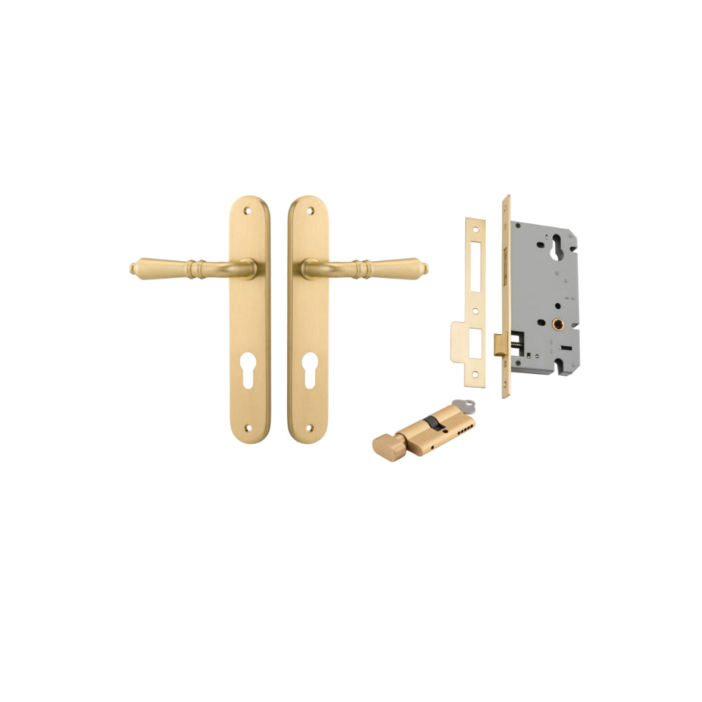 Door Lever Sarlat Oval Euro Brushed Gold PVD CTC85mm H240xW40xP55mm Entrance Kit, Mortice Lock Euro Brushed Gold PVD CTC85mm Backset 60mm, Euro Cylinder Key Thumb 6 Pin Satin Brass L70mm KA2 in Brushed Gold PVD