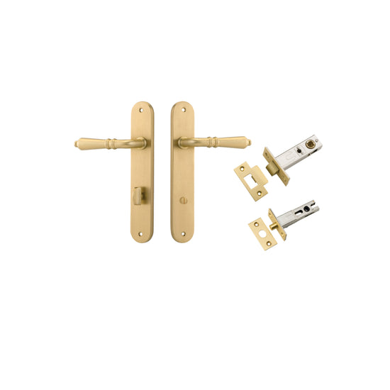 Door Lever Sarlat Oval Privacy Brushed Gold PVD CTC85mm H240xW40xP55mm Privacy Kit, Tube Latch Split Cam 'T' Striker Brushed Gold PVD Backset 60mm, Privacy Bolt Round Bolt Brushed Gold PVD Backset 60mm in Brushed Gold PVD