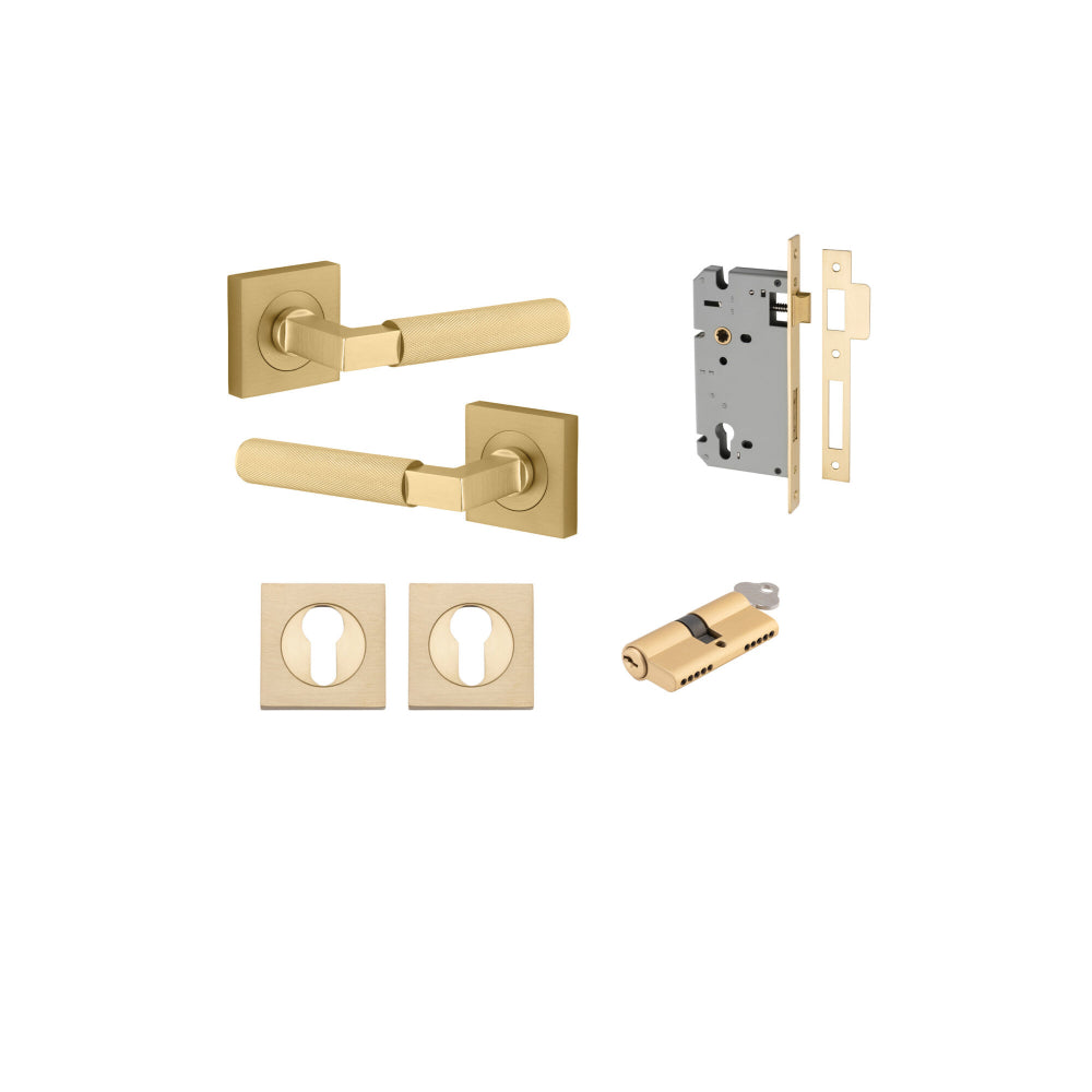 Door Lever Brunswick Square Rose Pair Brushed Gold PVD D52xP60mm Entrance Kit, Mortice Lock Euro Brushed Gold PVD CTC85 Backset 60, Euro Cylinder Dual Function 5 Pin Satin Brass L65 KA1, Escutcheon Euro Conc Fix Sq Pair Brushed Gold PVD H52xW52xP11 in Bru