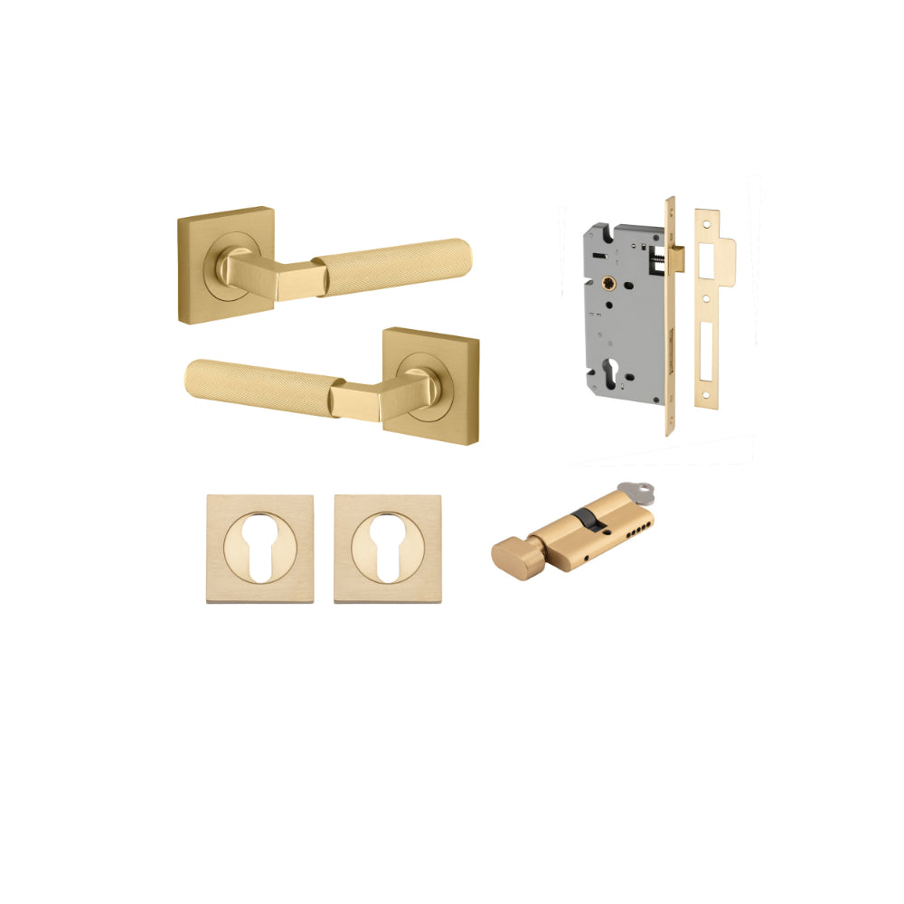 Door Lever Brunswick Square Rose Pair Brushed Gold PVD D52xP60mm Entrance Kit, Mortice Lock Euro Brushed Gold PVD CTC85mm Backset 60, Euro Cylinder Key Thumb 6 Pin Satin Brass L70 KA1, Escutcheon Euro Conc Fix Sq Pair Brushed Gold PVD H52xW52xP10mm in Bru