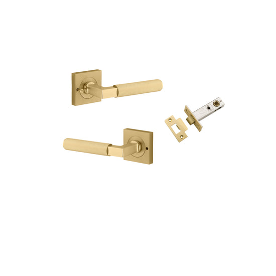 Door Lever Brunswick Square Rose Inbuilt Privacy Pair Brushed Gold PVD D58xP60mm with Tube Latch Privacy with Faceplate & T Striker Backset 60mm in Brushed Gold PVD