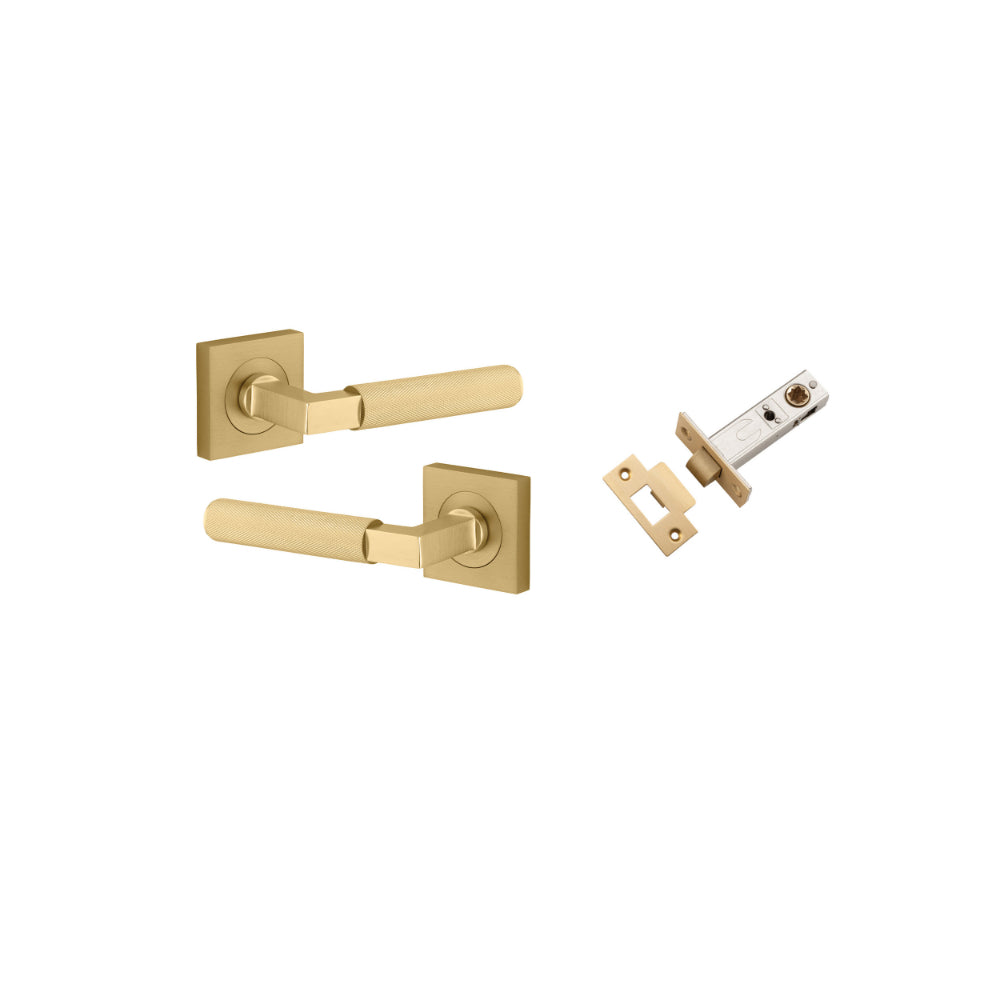 Door Lever Brunswick Square Rose Pair Brushed Gold PVD D52xP60mm Passage Kit, Tube Latch Split Cam 'T' Striker Brushed Gold PVD Backset 60mm in Brushed Gold PVD