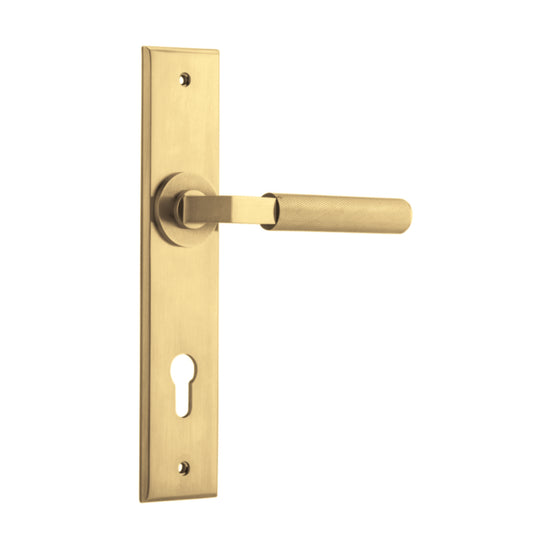 Door Lever Brunswick Knurled Chamfered Euro Brushed Gold PVD CTC85mm H240xW50xP60mm in Brushed Gold PVD