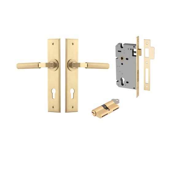 Door Lever Brunswick Chamfered Euro Brushed Gold PVD CTC85mm H240xW50xP59mm Entrance Kit, Mortice Lock Euro Brushed Gold PVD CTC85mm Backset 60mm, Euro Cylinder Dual Function 5 Pin Satin Brass L65mm KA2 in Brushed Gold PVD