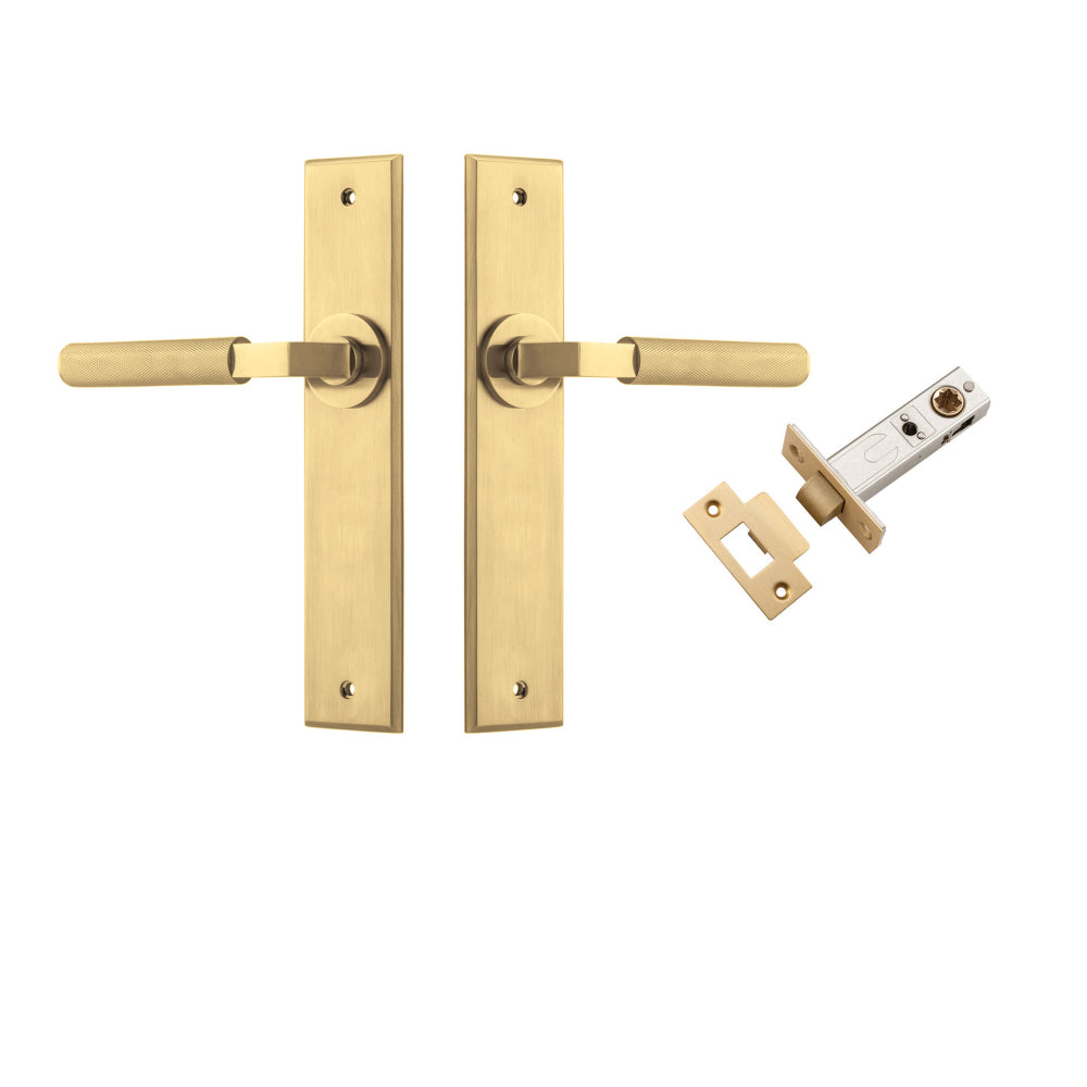 Door Lever Brunswick Knurled Chamfered Brushed Gold PVD L120xP59mm BPH240xW50mm Passage Kit, Tube Latch Split Cam 'T' Striker Brushed Gold PVD Backset 60mm in Brushed Gold PVD