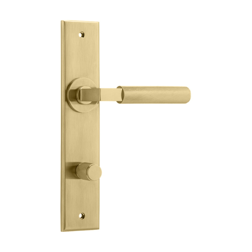 Door Lever Brunswick Knurled Chamfered Privacy Brushed Gold PVD CTC85mm H240xW50xP60mm in Brushed Gold PVD