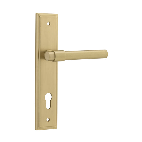 Door Lever Helsinki Stepped Euro Pair Brushed Gold PVD CTC85mm H237xW50xP44mm in Brushed Gold PVD