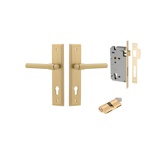 Door Lever Helsinki Stepped Euro Pair Brushed Gold PVD CTC85mm H237xW50xP61mm Entrance Kit, Mortice Lock Euro Brushed Gold PVD CTC85mm Backset 60mm, Euro Cylinder Dual Function 5 Pin Satin Brass L65mm KA1 in Brushed Gold PVD