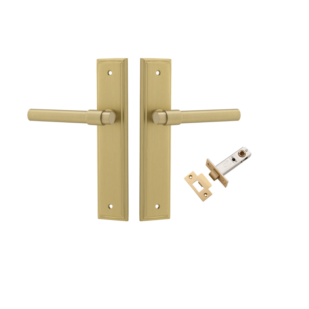 Door Lever Helsinki Stepped Brushed Gold PVD L137xP61mm BPH237xW50mm Passage Kit, Tube Latch Split Cam 'T' Striker Brushed Gold PVD Backset 60mm in Brushed Gold PVD