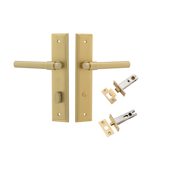 Door Lever Helsinki Stepped Privacy Pair Brushed Gold PVD CTC85mm H237xW50xP61mm Privacy Kit, Tube Latch Split Cam 'T' Striker Brushed Gold PVD Backset 60mm, Privacy Bolt Round Bolt Brushed Gold PVD Backset 60mm in Brushed Gold PVD