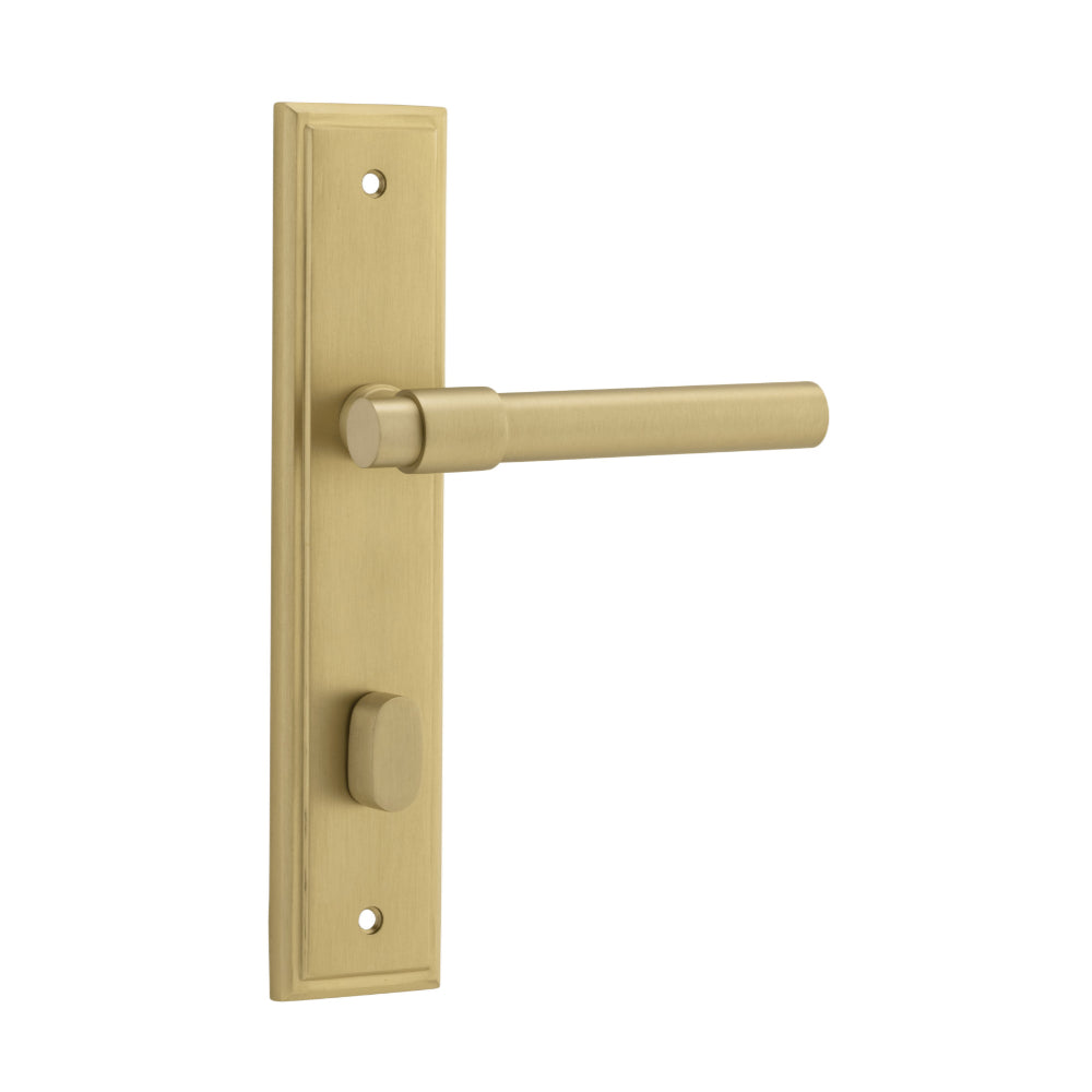 Door Lever Helsinki Stepped Privacy Pair Brushed Gold PVD CTC85mm H237xW50xP44mm in Brushed Gold PVD