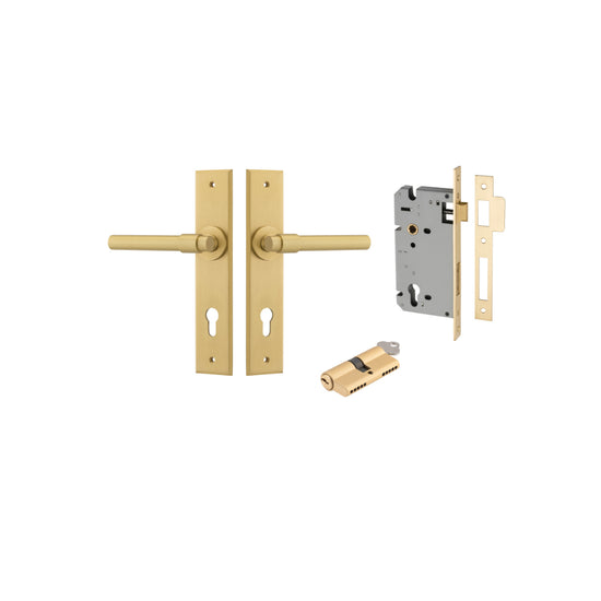 Door Lever Helsinki Chamfered Euro Pair Brushed Gold PVD CTC85mm H240xW50xP60mm Entrance Kit, Mortice Lock Euro Brushed Gold PVD CTC85mm Backset 60mm, Euro Cylinder Dual Function 5 Pin Satin Brass L65mm KA1 in Brushed Gold PVD