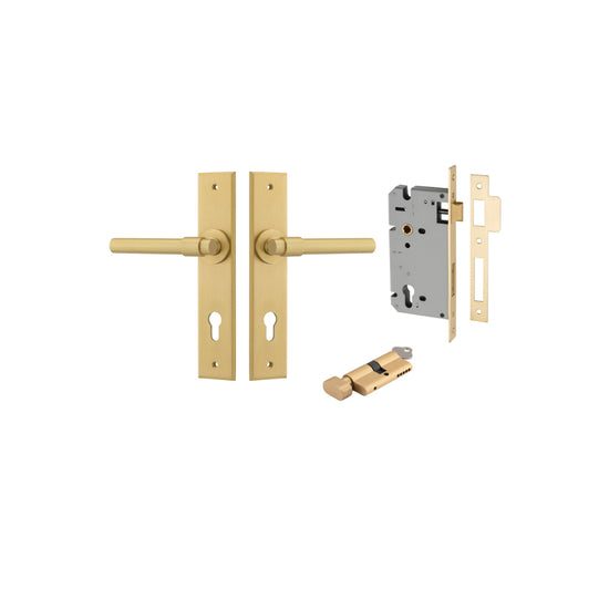 Door Lever Helsinki Chamfered Euro Pair Brushed Gold PVD CTC85mm H240xW50xP60mm Entrance Kit, Mortice Lock Euro Brushed Gold PVD CTC85mm Backset 60mm, Euro Cylinder Key Thumb 6 Pin Satin Brass L70mm KA1 in Brushed Gold PVD