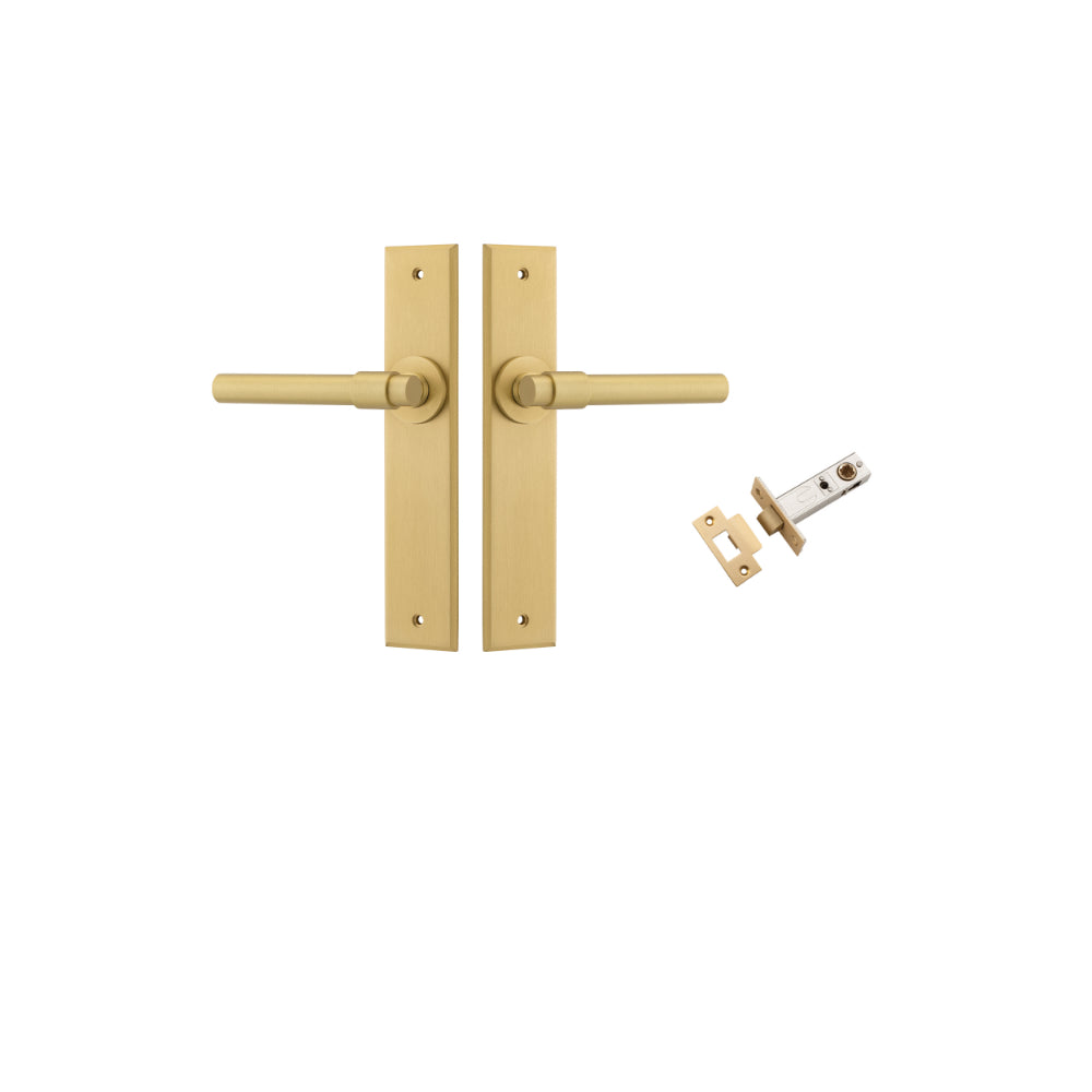 Door Lever Helsinki Chamfered Brushed Gold PVD L137xP60mm BPH240xW50mm Passage Kit, Tube Latch Split Cam 'T' Striker Brushed Gold PVD Backset 60mm in Brushed Gold PVD