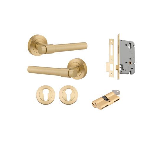 Door Lever Helsinki Round Rose Brushed Gold PVD D52xP61mm Entrance Kit, Mortice Lock Euro Brushed Gold PVD CTC85mm Backset 60, Euro Cylinder Dual Function 5 Pin Satin Brass L65 KA1, Escutcheon Euro Concealed Fix Rnd Pair Brushed Gold PVD D52xP10mm in Brus