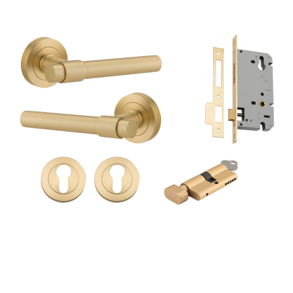 Door Lever Helsinki Round Rose Brushed Gold PVD D52xP61mm Entrance Kit, Mortice Lock Euro Brushed Gold PVD CTC85mm Backset 60mm, Euro Cylinder Key Thumb 6 Pin Satin Brass L70mm KA1, Escutcheon Euro Concealed Fix Round Pair Brushed Gold PVD D52xP10mm in Br