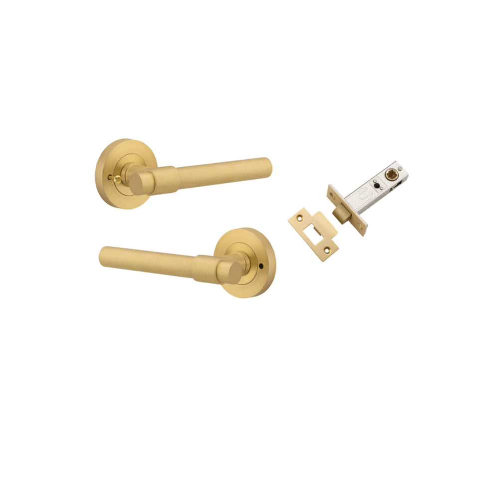 Door Lever Helsinki Round Rose Inbuilt Privacy Pair Brushed Gold PVD D58xP61mm , Tube Latch Privacy with Faceplate & T Striker Brushed Gold PVD Backset 60mm in Brushed Gold PVD