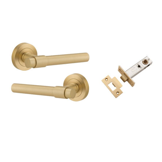 Door Lever Helsinki Rose Round Pair Brushed Gold PVD L137xP61mm BPD52mm Passage Kit, Tube Latch Split Cam 'T' Striker Brushed Gold PVD Backset 60mm in Brushed Gold PVD