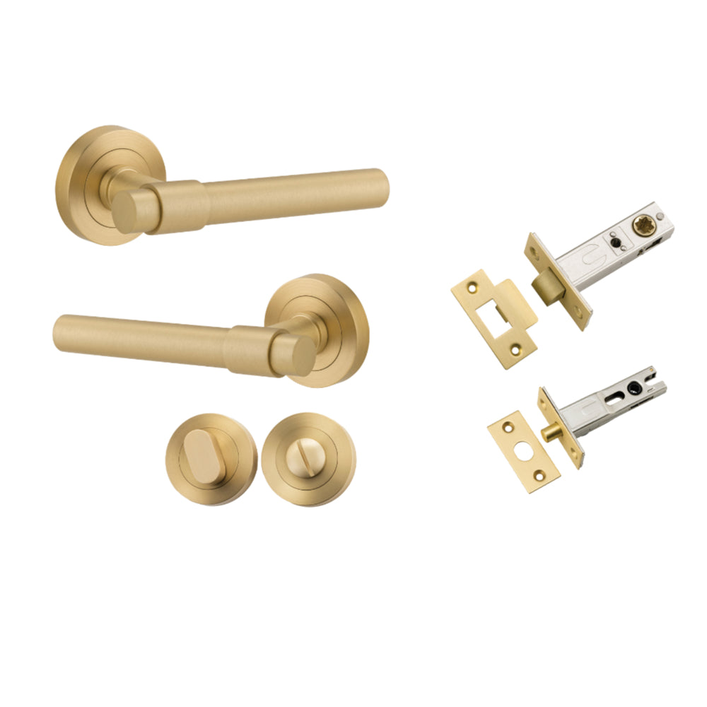 Door Lever Helsinki Round Rose Brushed Gold PVD D52xP61mm Privacy Kit, Tube Latch Split Cam 'T' Striker Brushed Gold PVD Backset 60, Privacy Bolt Rnd Bolt Brushed Gold PVD Backset 60, Privacy Turn Oval Concealed Fix Rnd Brushed Gold PVD D52xP23mm in Brush